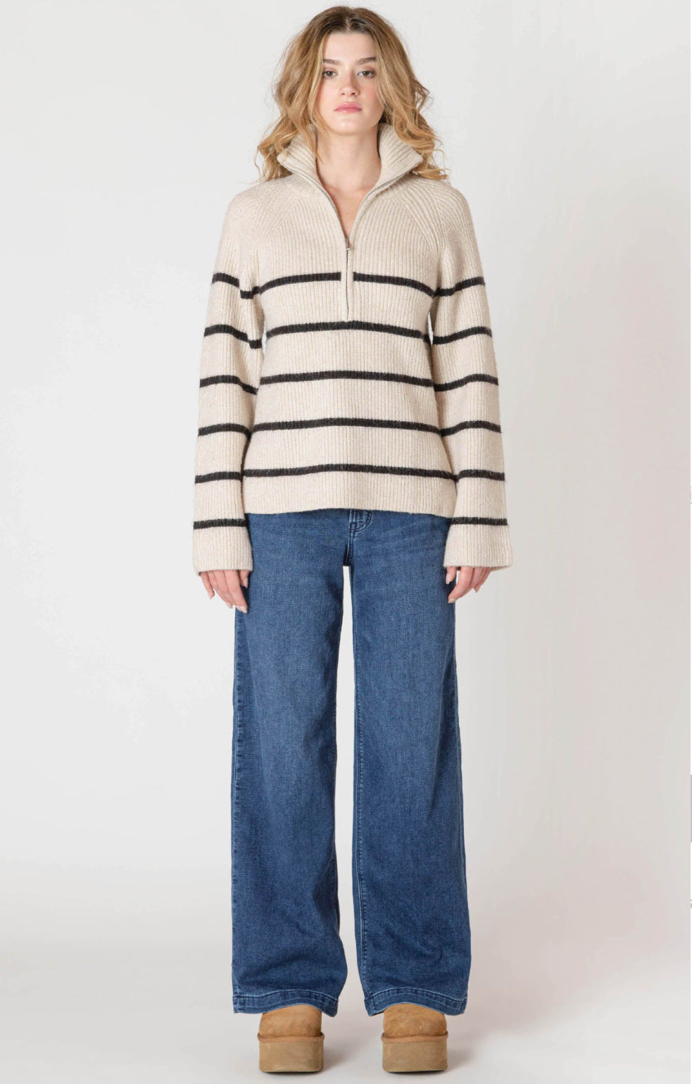 Striped Cable-knit Half Zip Sweater