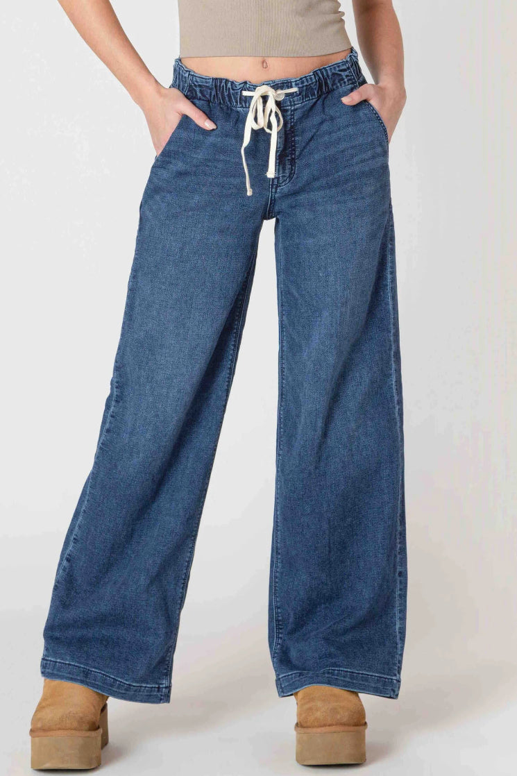 Drawstring Wide Leg Denim Pants