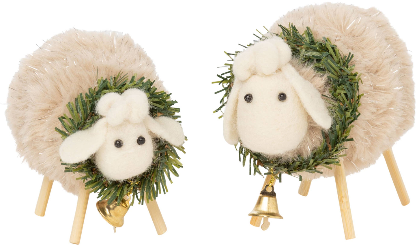 Set/2 Plush Sheep with Wreath & Bell