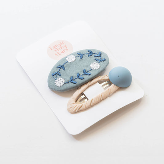 Oval Embroidered Floral Snap Hair Clips | Sky Blue