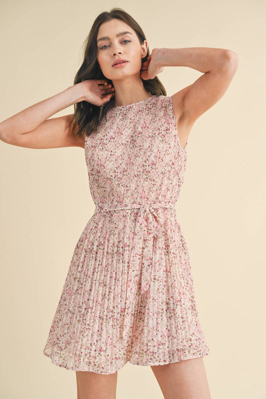 Pleated Floral Belted Mini Dress