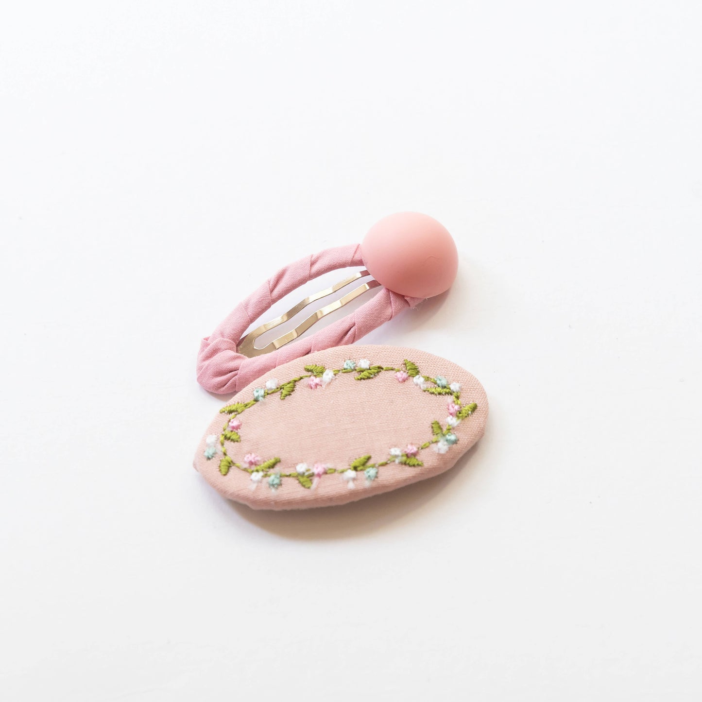 Oval Embroidered Floral Snap Hair Clips | Light Pink