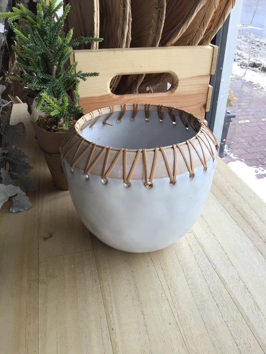 Stoneware Planter With Rattan, Large