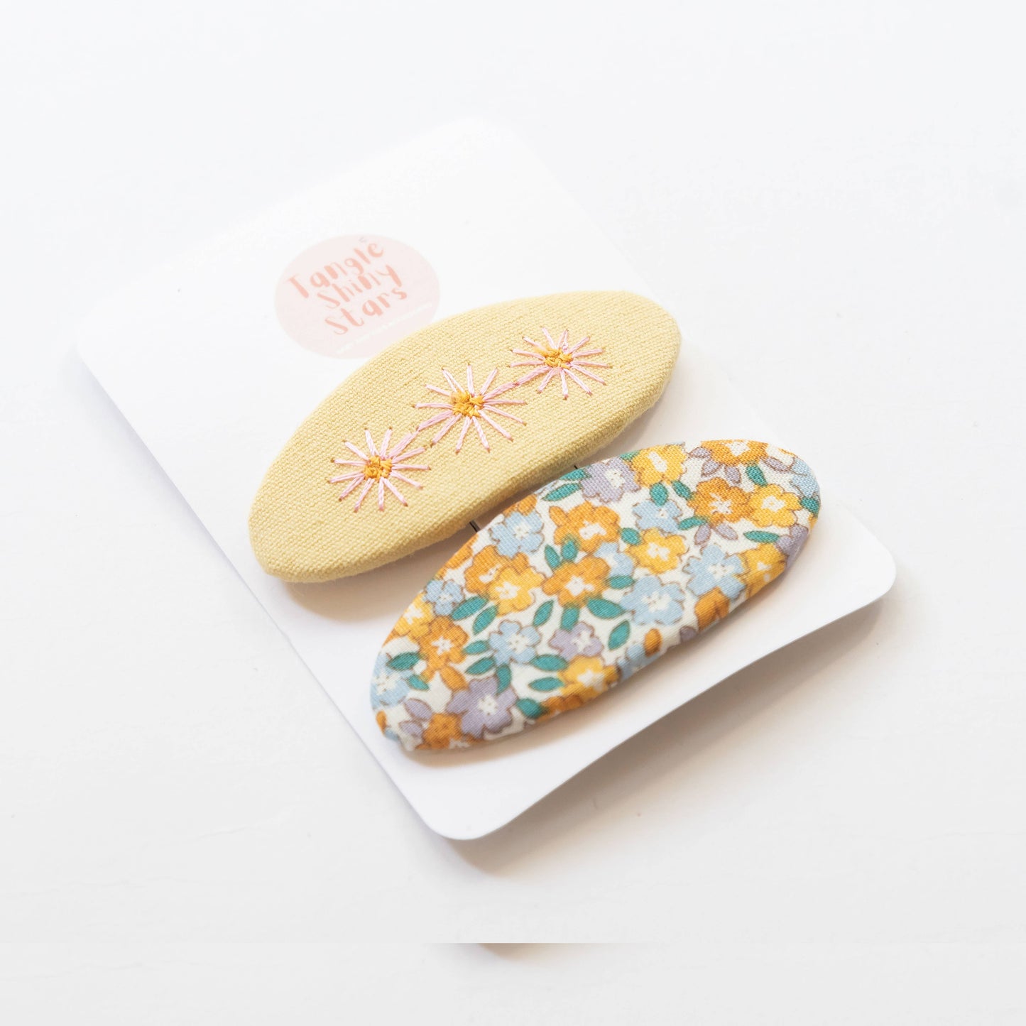 Oval Embroidered Floral Snap Hair Clips | Pastel Yellow