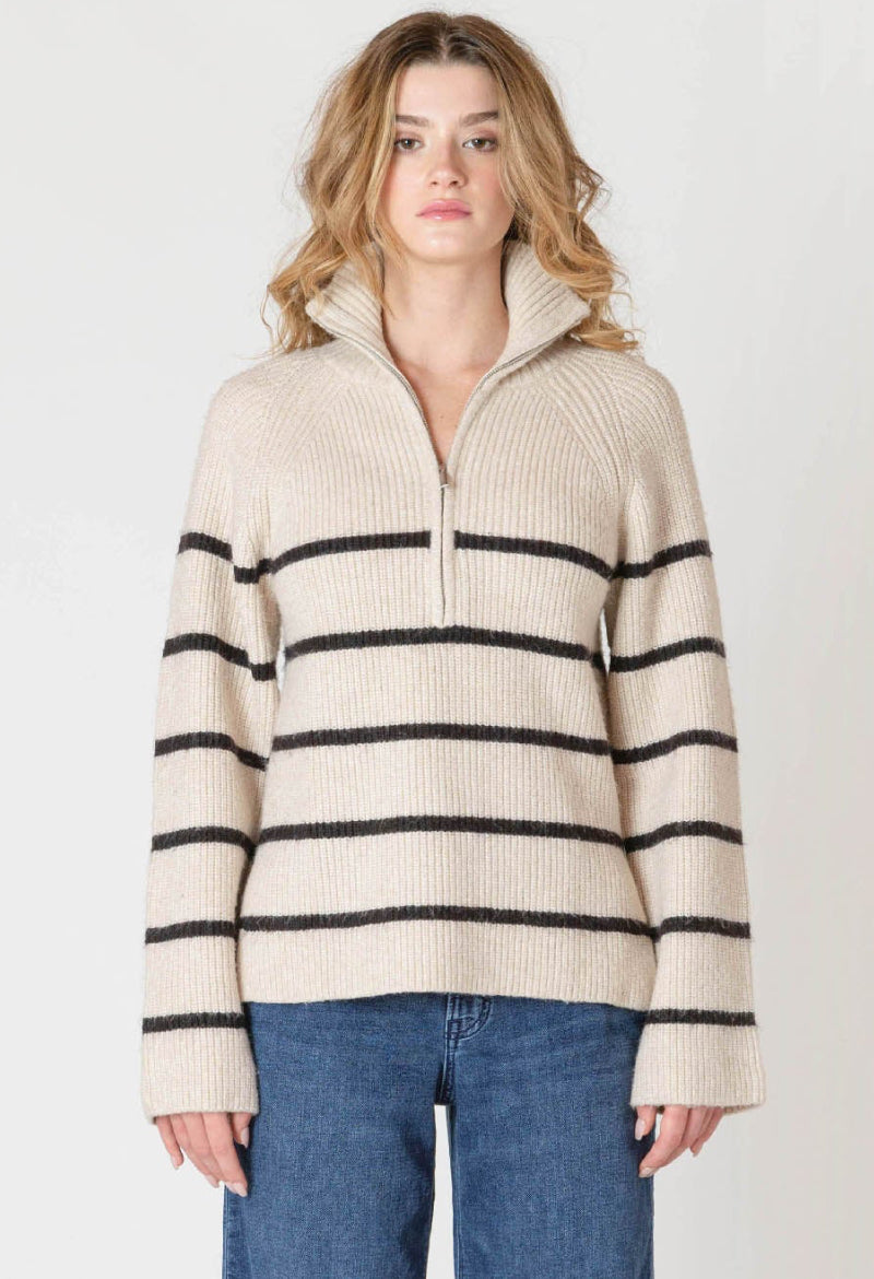 Striped Cable-knit Half Zip Sweater