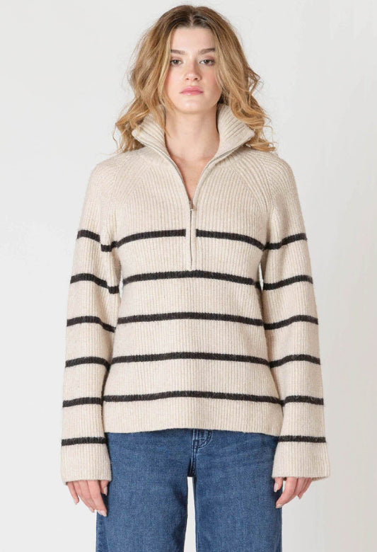 Striped Cable-knit Half Zip Sweater