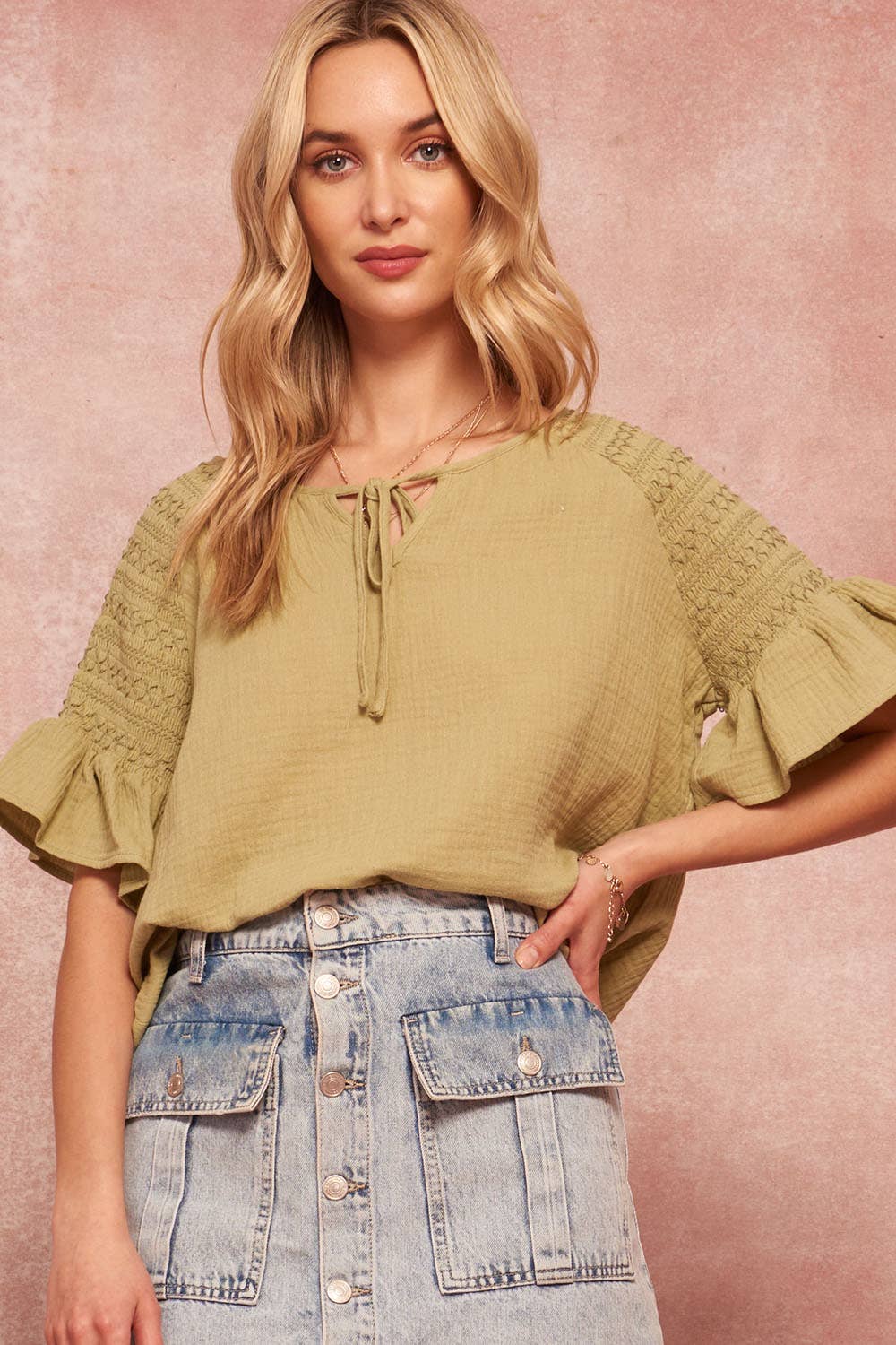 Crinkle Cotton Smocked-Sleeve Ruffled Tie-Neck Top